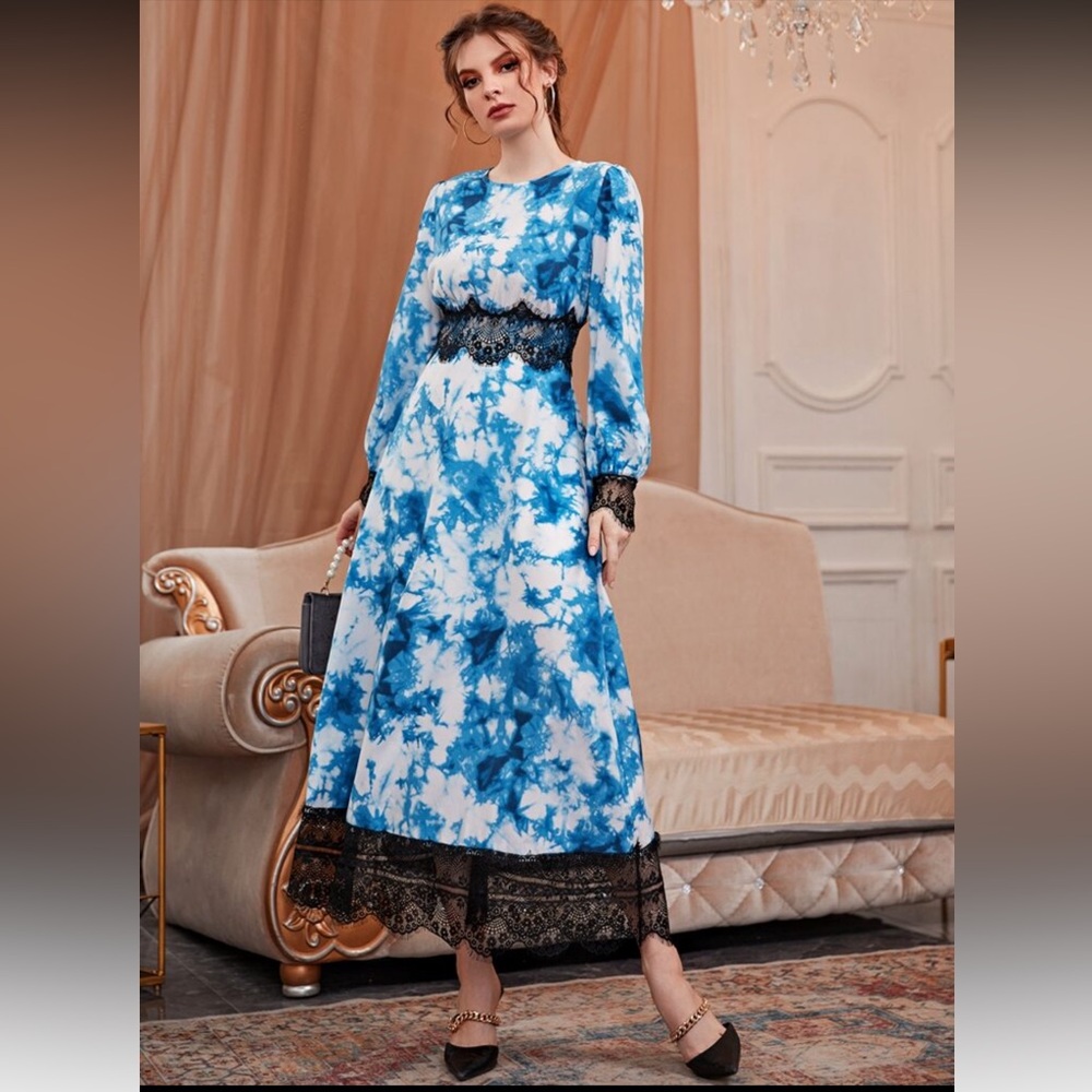 Blue, white & Black tie dye pattern Lace Maxi Dress